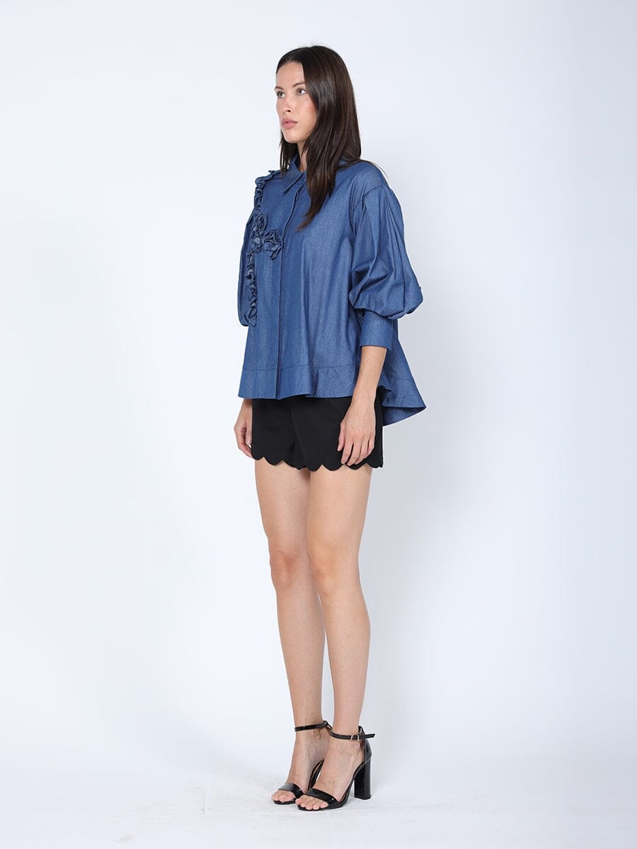 Ruffle Front Loose Fit Puff Sleeve Denim Shirt TOP Gracia Fashion 