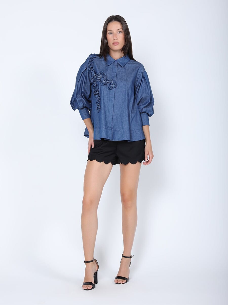 Ruffle Front Loose Fit Puff Sleeve Denim Shirt TOP Gracia Fashion DENIM BLUE S 