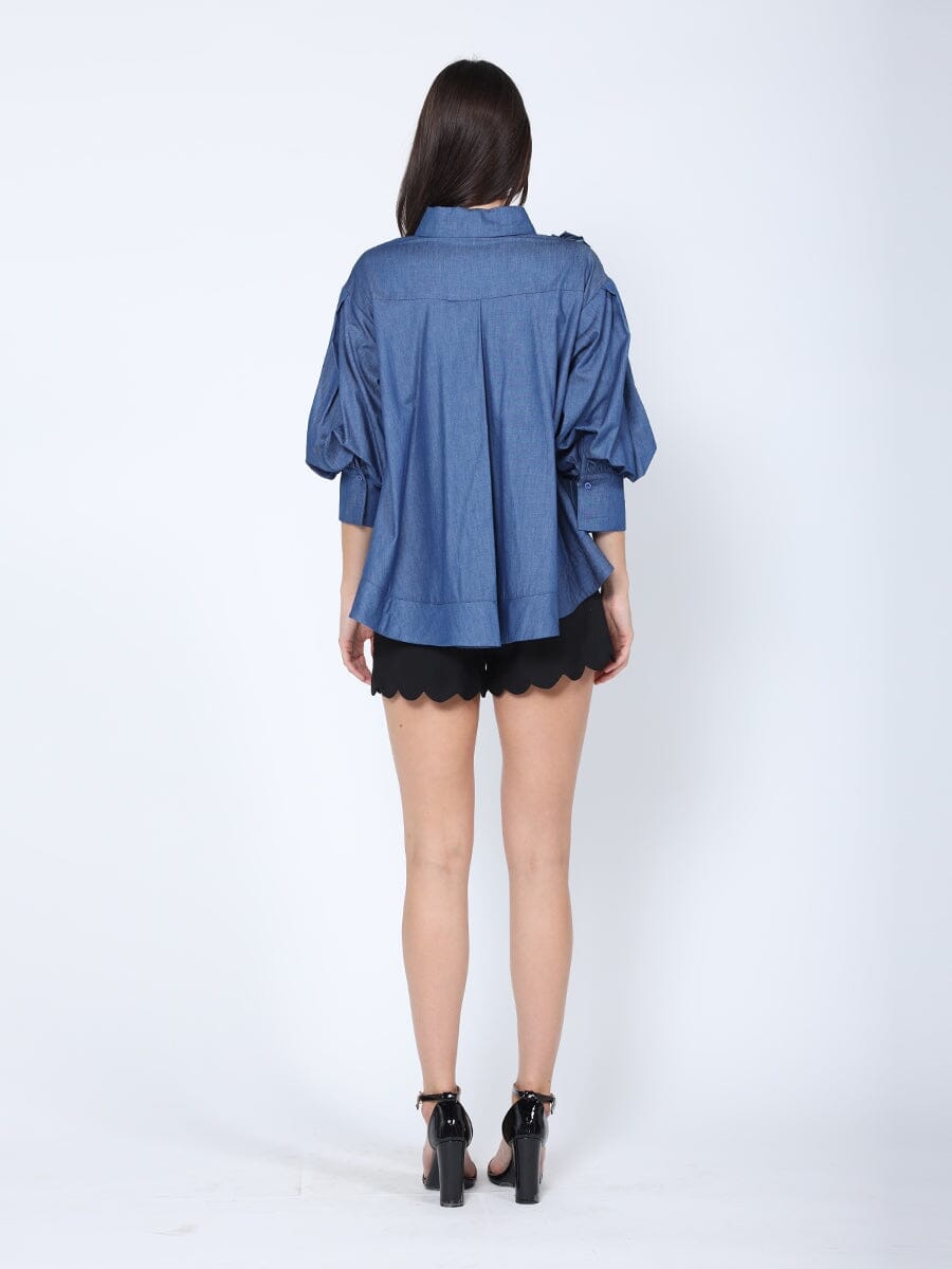 Ruffle Front Loose Fit Puff Sleeve Denim Shirt TOP Gracia Fashion 