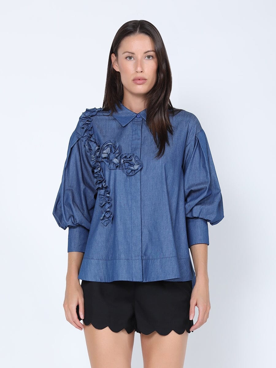 Ruffle Front Loose Fit Puff Sleeve Denim Shirt TOP Gracia Fashion DENIM BLUE S 