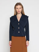 Ruffle Front With Button Long Sleeve Jacket JACKET Gracia Fashion NAVY S 