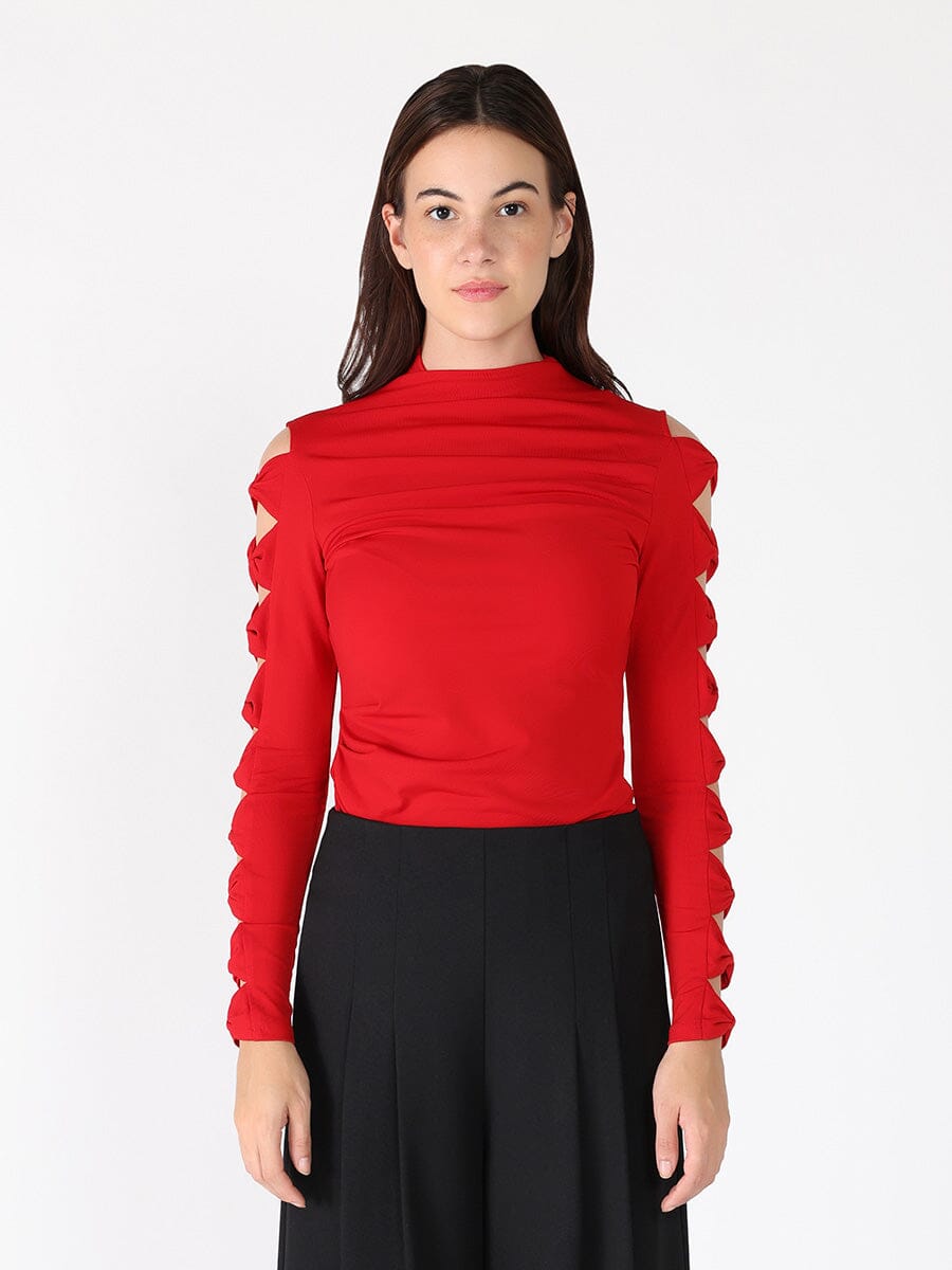 Ruffle long sleeve high neck top TOP Gracia Fashion RED S 