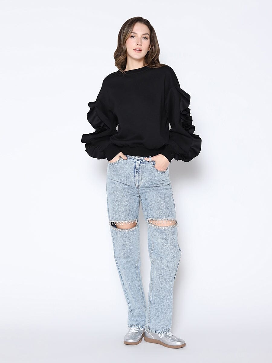 Ruffle Sleeve Crew Neck Scuba Sweatshirt TOP Gracia Fashion BLACK S 