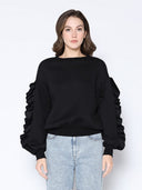 Ruffle Sleeve Crew Neck Scuba Sweatshirt TOP Gracia Fashion BLACK S 