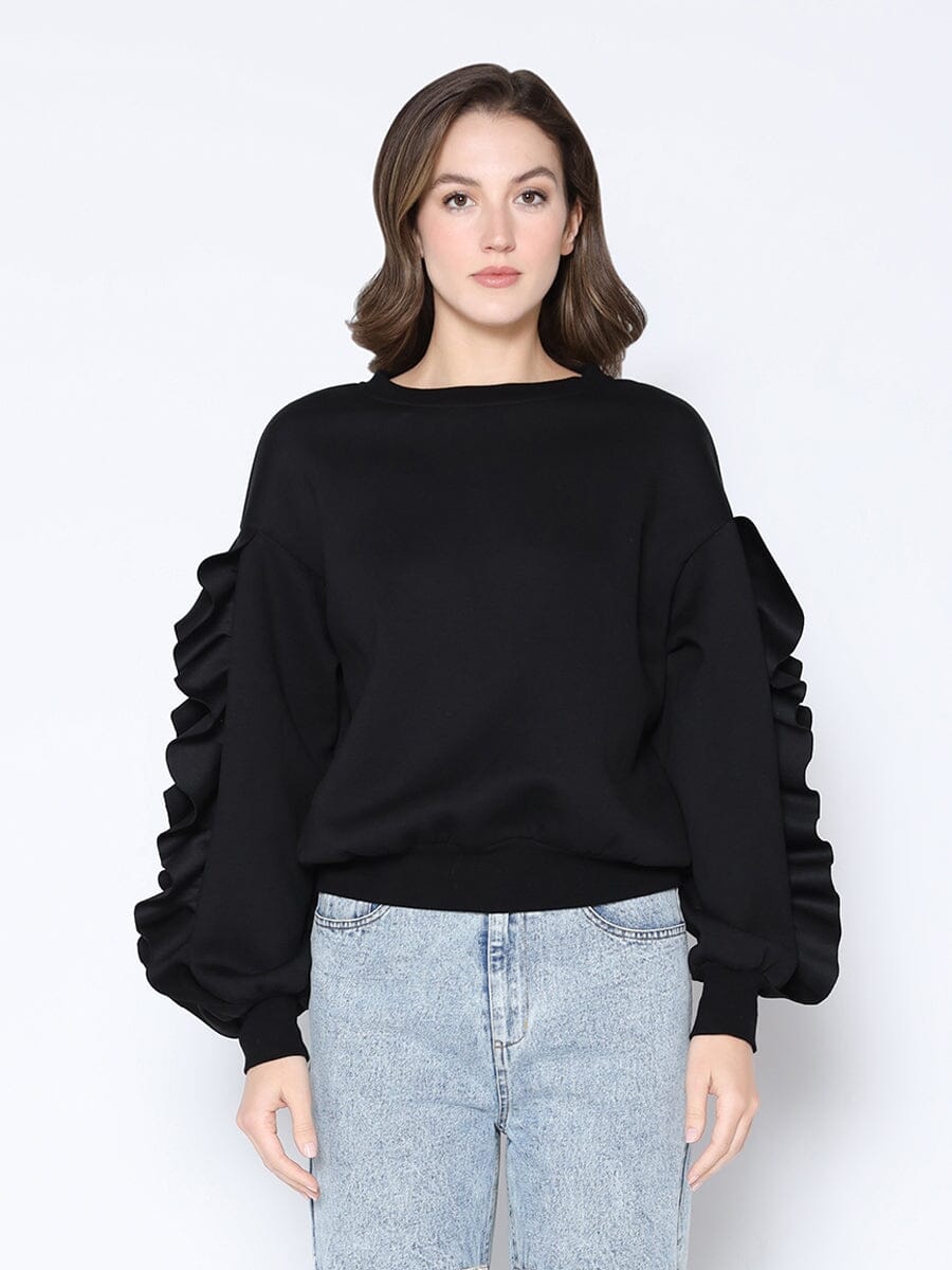 Ruffle Sleeve Crew Neck Scuba Sweatshirt TOP Gracia Fashion BLACK S 