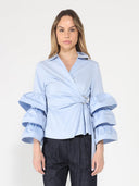 Ruffle sleeve cross body solid top TOP Gracia Fashion L/BLUE S 