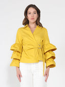 Ruffle sleeve cross body solid top TOP Gracia Fashion MUSTARD S 