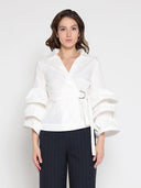 Ruffle sleeve cross body solid top TOP Gracia Fashion WHITE S 