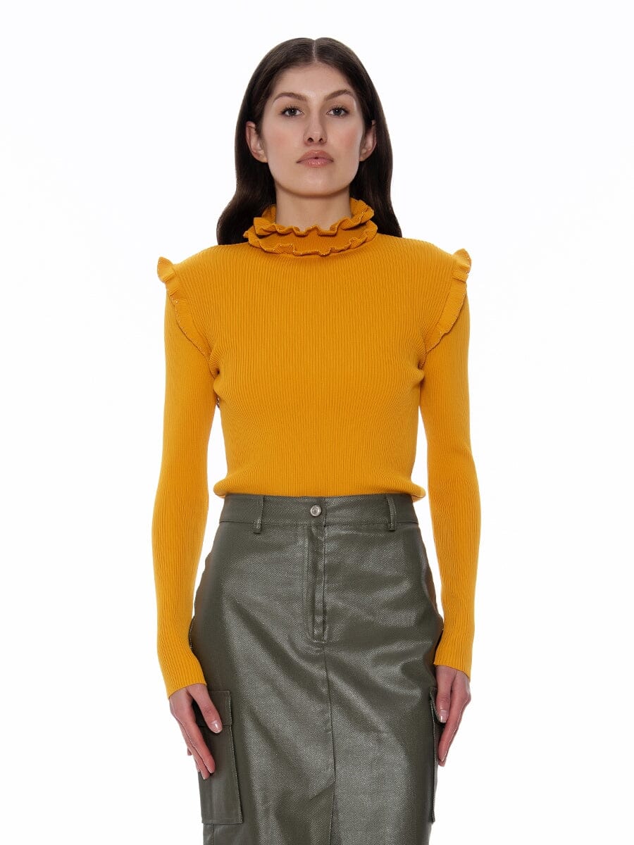 Ruffled Hem Mock Neck Long Sleeve Solid Ribbed Top TOP Gracia Fashion MUSTARD S 