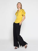 Ruffled neck & sleeve brooch detail solid top TOP Gracia Fashion 