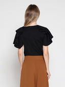 Ruffled neck & sleeve brooch detail solid top TOP Gracia Fashion 