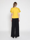 Ruffled neck & sleeve brooch detail solid top TOP Gracia Fashion 