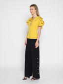 Ruffled neck & sleeve brooch detail solid top TOP Gracia Fashion 