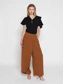 Ruffled neck & sleeve brooch detail solid top TOP Gracia Fashion 
