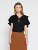Ruffled neck & sleeve brooch detail solid top TOP Gracia Fashion BLACK S 