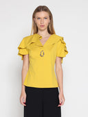 Ruffled neck & sleeve brooch detail solid top TOP Gracia Fashion MUSTARD S 
