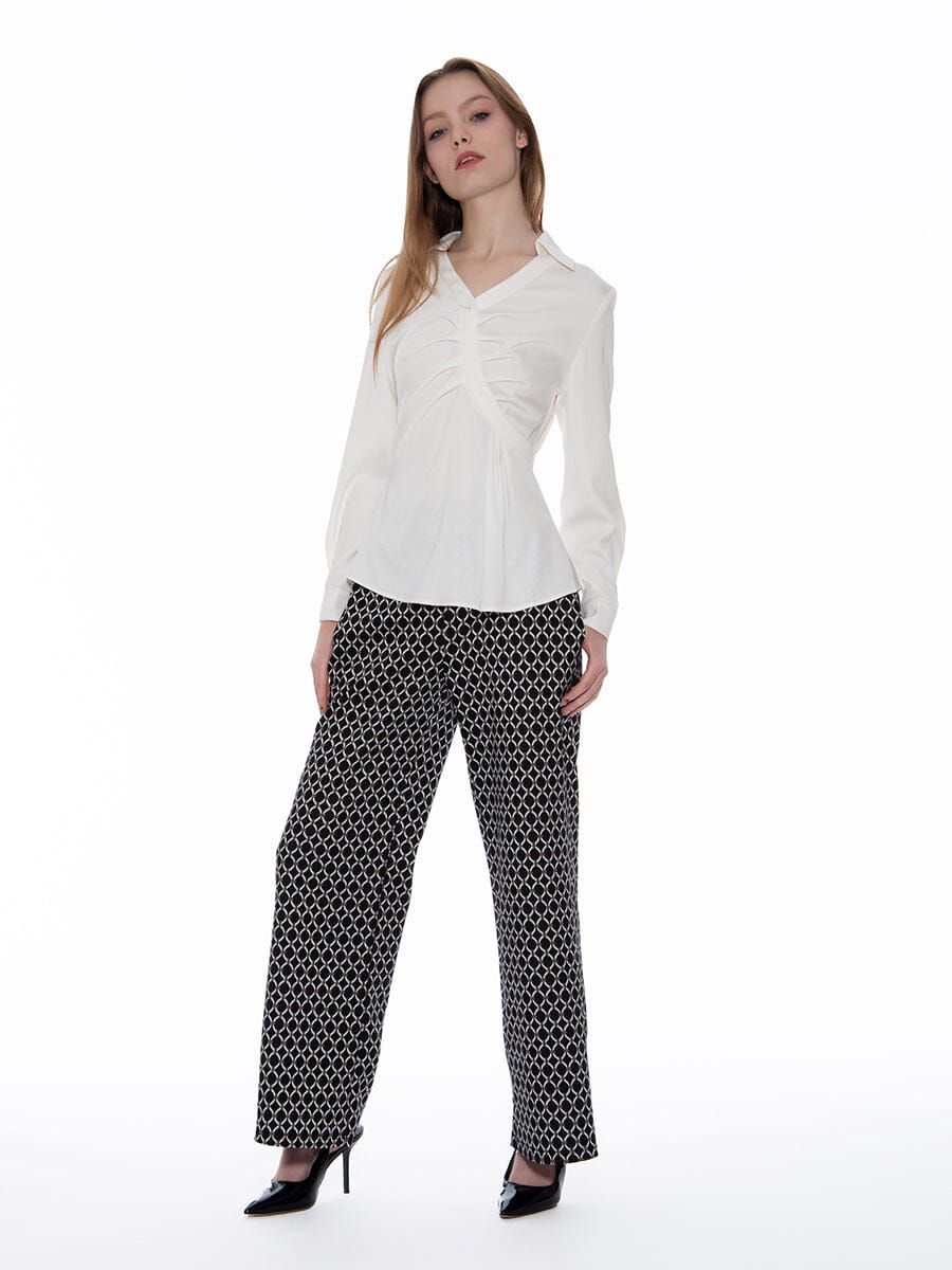 Satin Collar V-Neck Side Swept Long Sleeve Top TOP Gracia Fashion 