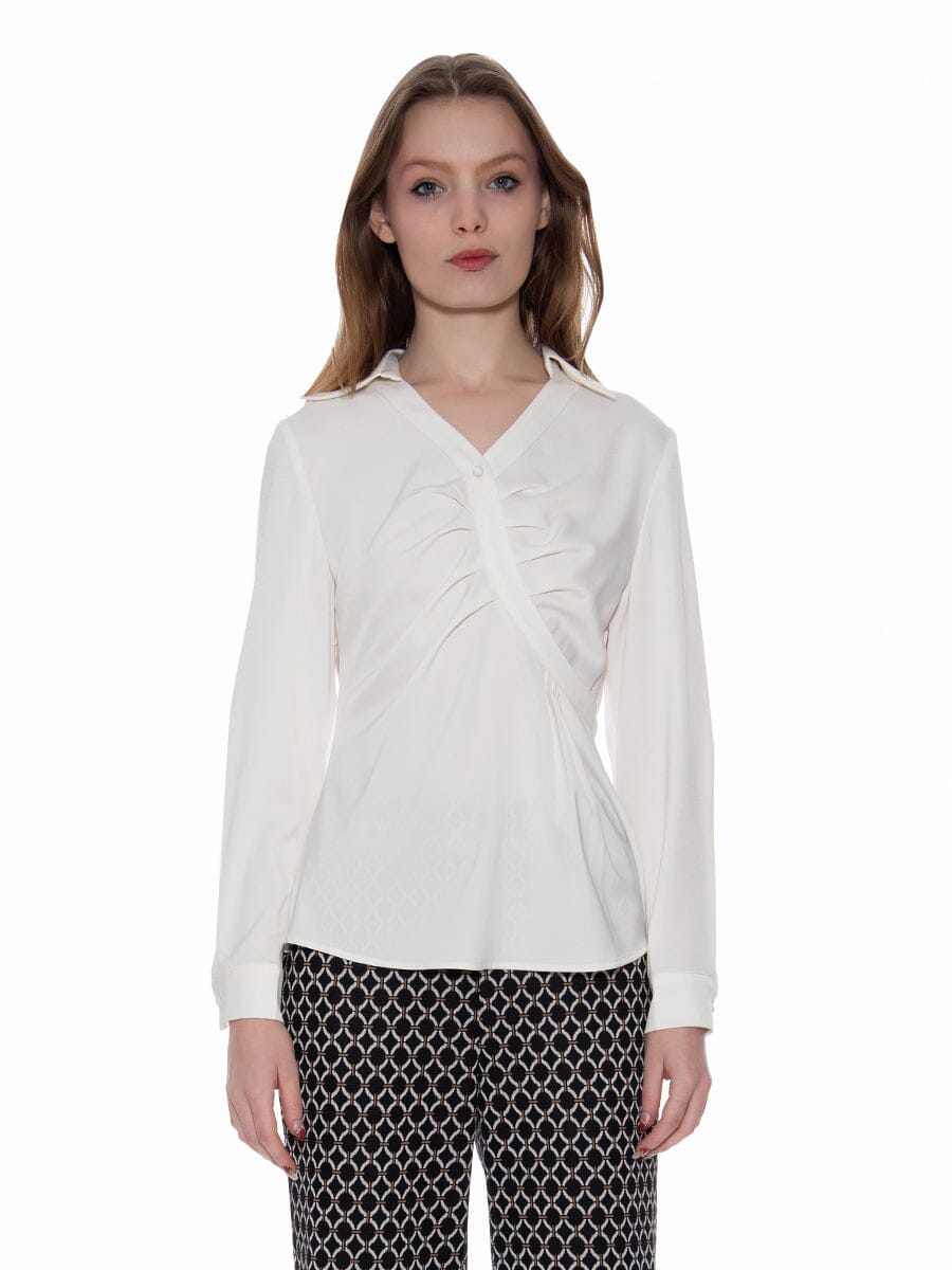 Satin Collar V-Neck Side Swept Long Sleeve Top TOP Gracia Fashion WHITE S 