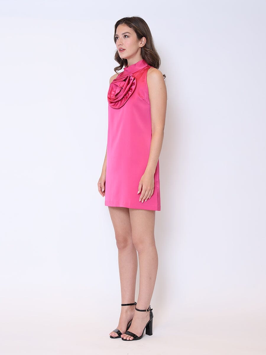 Satin Flower Applique Halter Mini Dress DRESS Gracia Fashion 