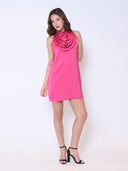 Satin Flower Applique Halter Mini Dress DRESS Gracia Fashion 
