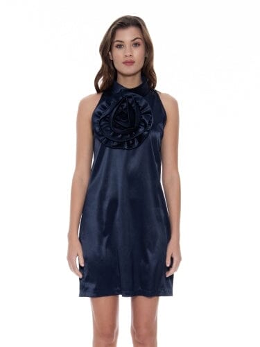Satin Flower Applique Halter Mini Dress DRESS Gracia Fashion NAVY S 