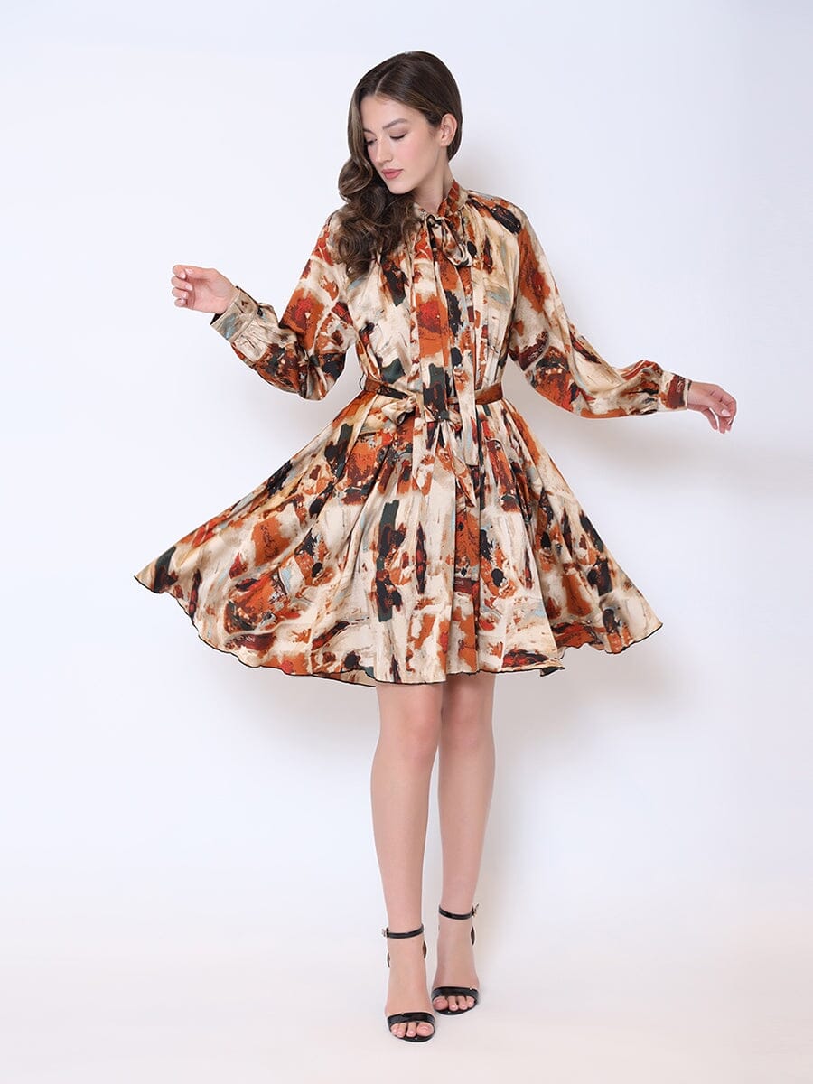Satin Print Tie Neck Long Sleeve Tie Belt Dress DRESS Gracia Fashion BEIGE S 