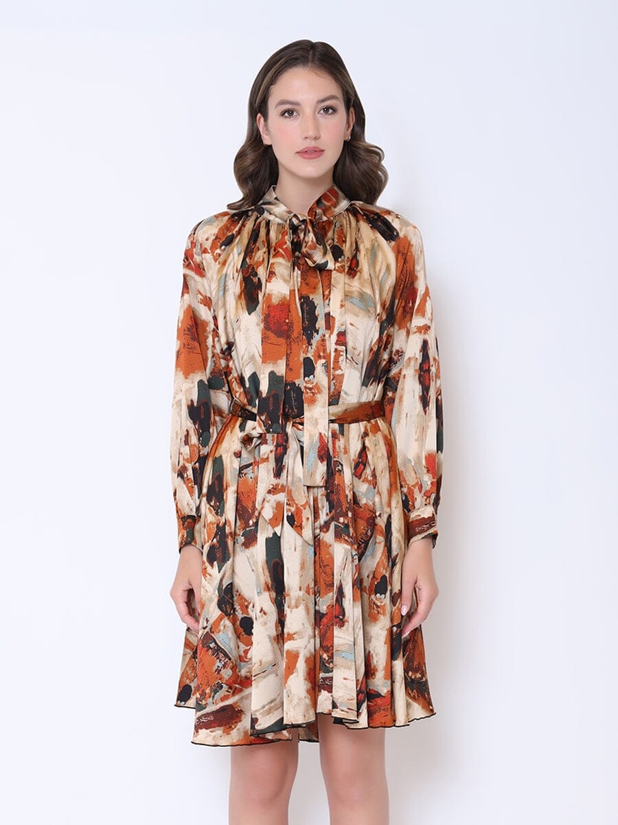 Satin Print Tie Neck Long Sleeve Tie Belt Dress DRESS Gracia Fashion BEIGE S 