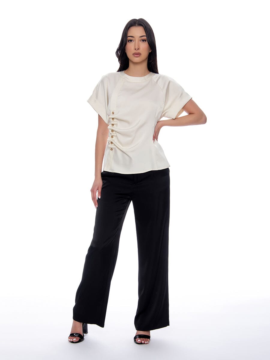 Satin Ruched Side Button Cap Sleeve Top TOP Gracia Fashion 