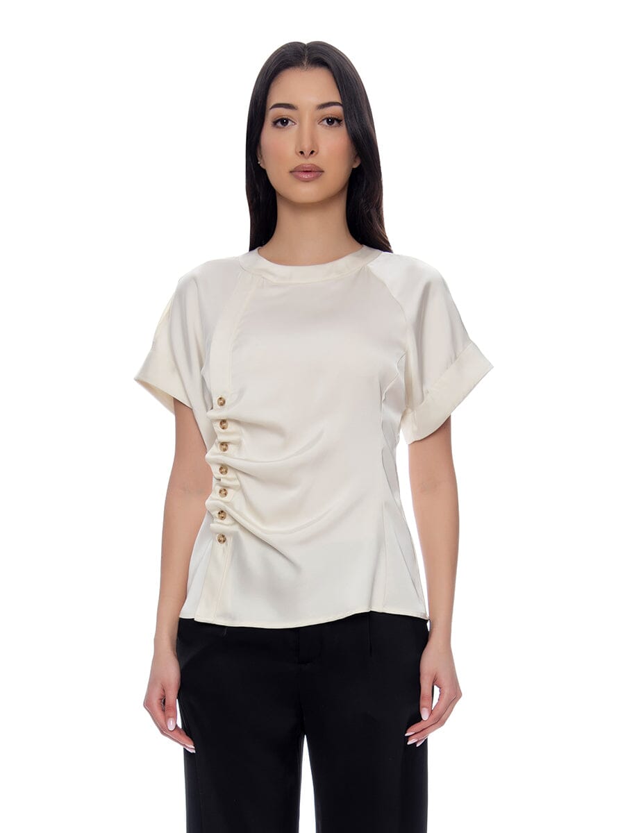Satin Ruched Side Button Cap Sleeve Top TOP Gracia Fashion IVORY S 