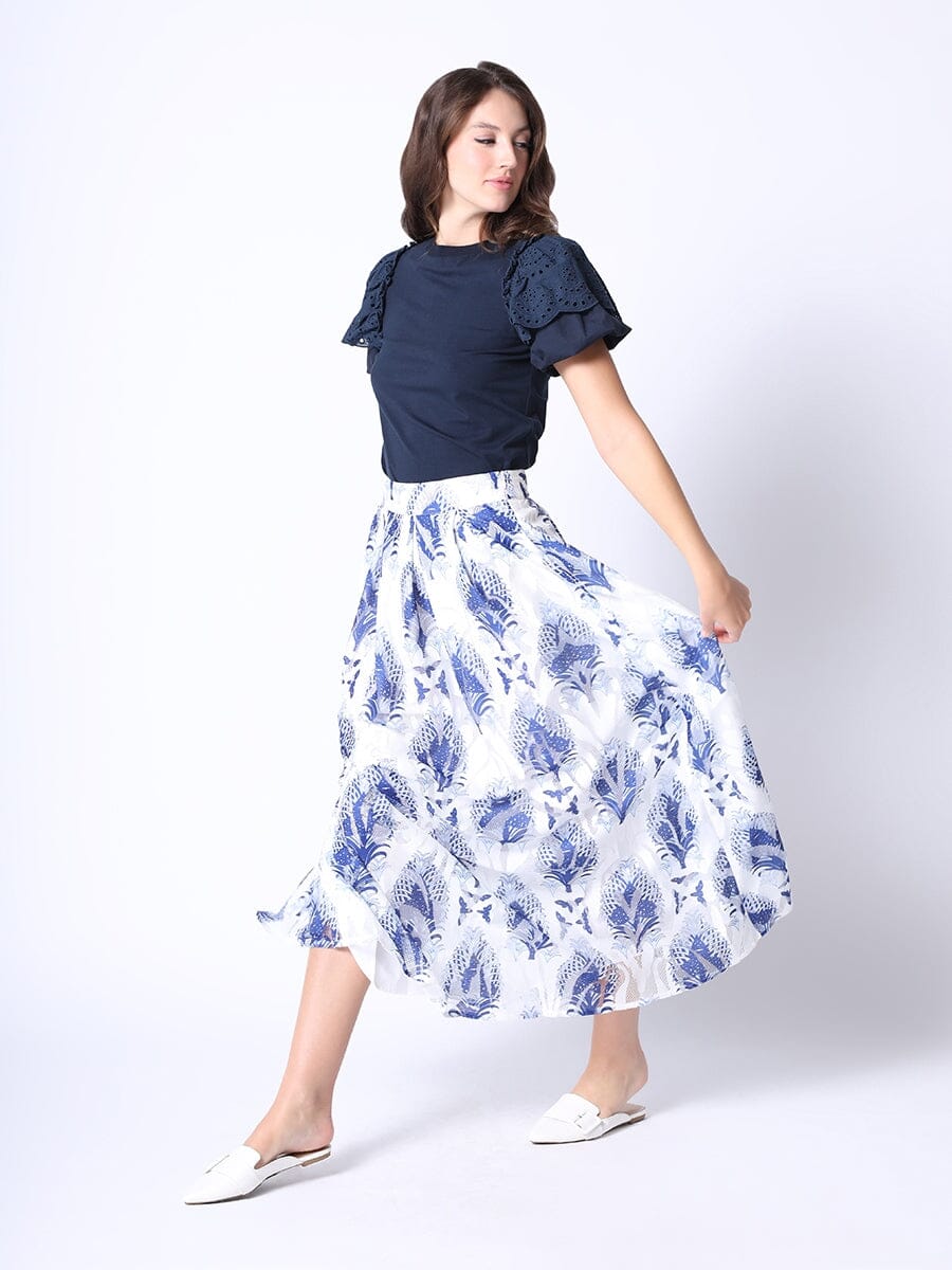 See-Through Plant Print Flare Skirt with Lining SKIRT Gracia Fashion WHITE/BLUE S 