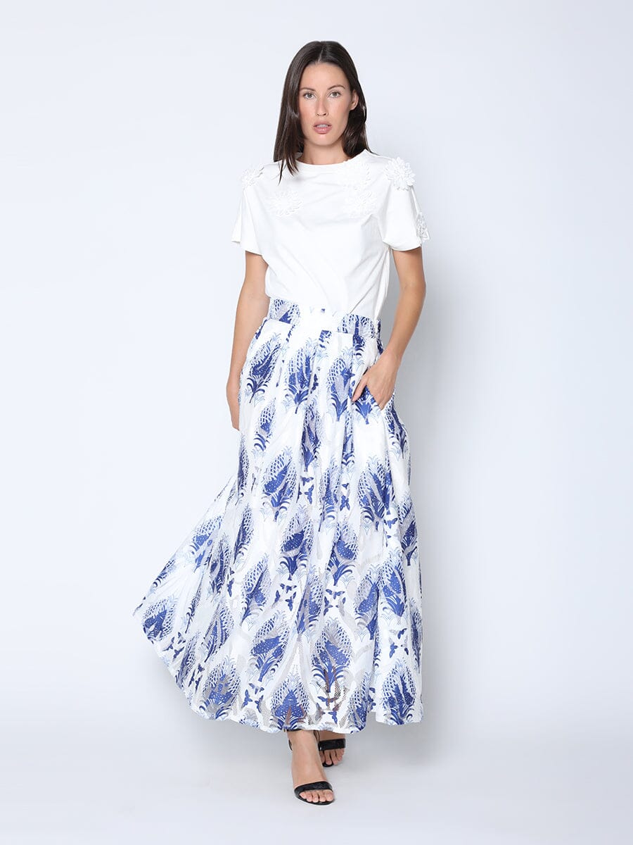 See-Through Plant Print Flare Skirt with Lining SKIRT Gracia Fashion WHITE/BLUE S 