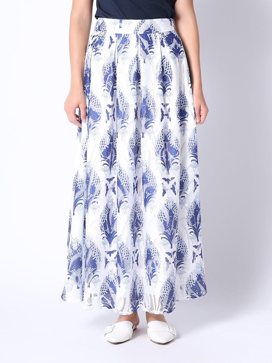 See-Through Plant Print Flare Skirt with Lining SKIRT Gracia Fashion WHITE/BLUE S 