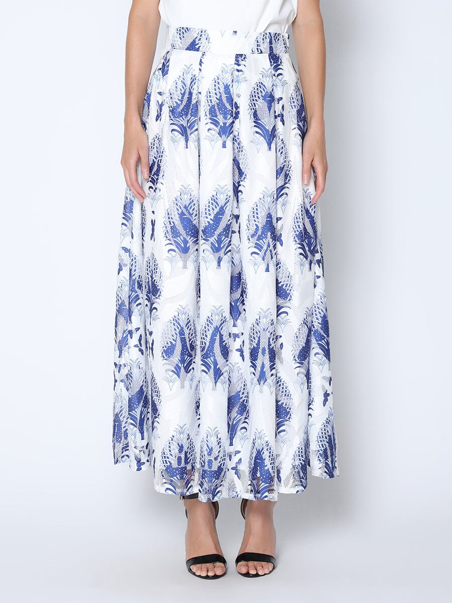See-Through Plant Print Flare Skirt with Lining SKIRT Gracia Fashion WHITE/BLUE S 