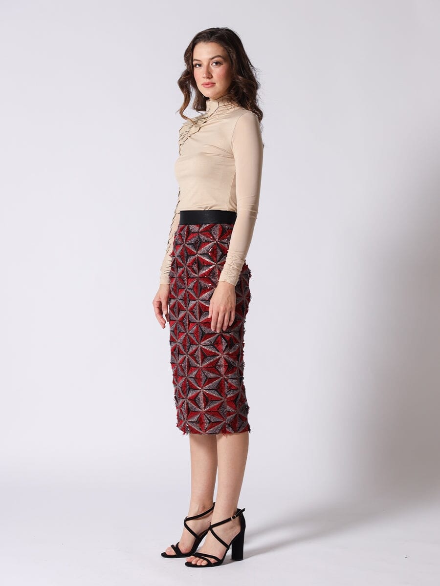 Sequin Beaded Pinwheel Motifs Banding Midi Skirt SKIRT Gracia Fashion 