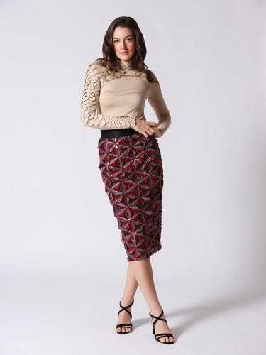 Sequin Beaded Pinwheel Motifs Banding Midi Skirt SKIRT Gracia Fashion BURGUNDY S 