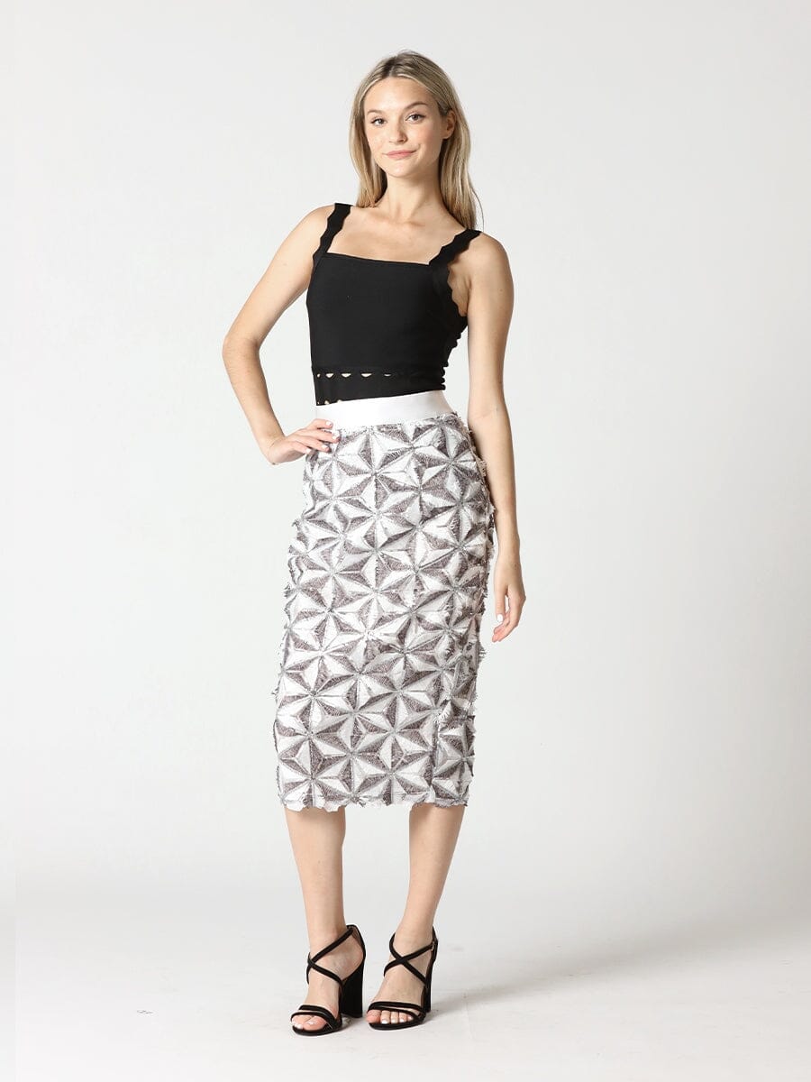 Sequin Beaded Pinwheel Motifs Banding Midi Skirt SKIRT Gracia Fashion WHITE S 
