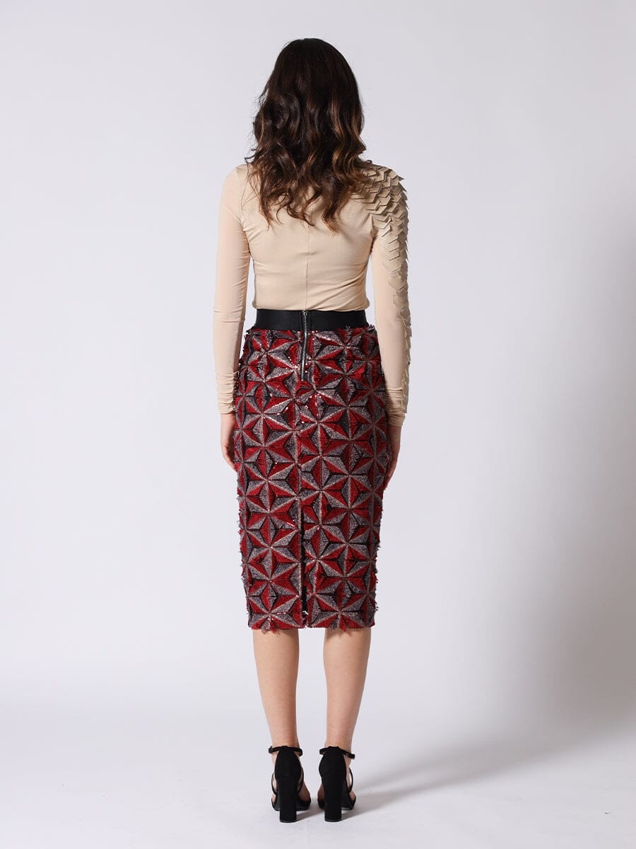 Sequin Beaded Pinwheel Motifs Banding Midi Skirt SKIRT Gracia Fashion 