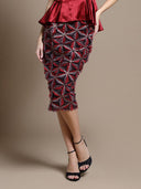 Sequin Beaded Pinwheel Motifs Banding Midi Skirt SKIRT Gracia Fashion BURGUNDY S 