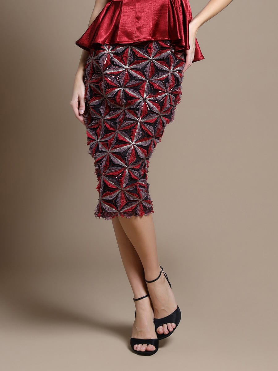 Sequin Beaded Pinwheel Motifs Banding Midi Skirt SKIRT Gracia Fashion BURGUNDY S 