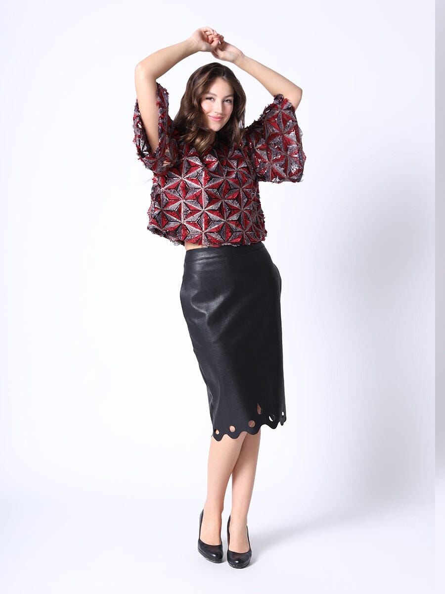 Sequin Beaded Pinwheel Motifs Bell Sleeve Crop Top TOP Gracia Fashion BURGUNDY S 