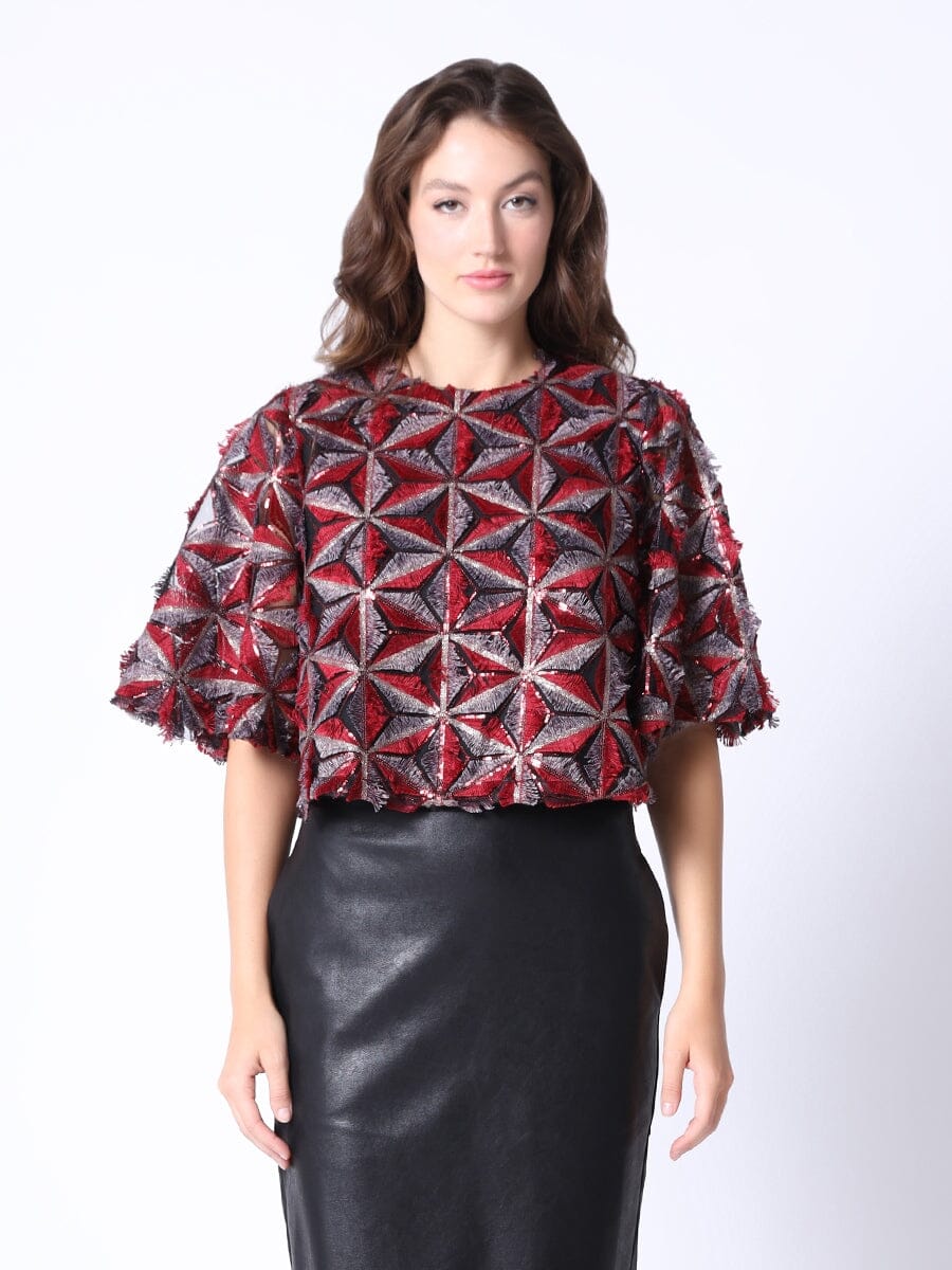 Sequin Beaded Pinwheel Motifs Bell Sleeve Crop Top TOP Gracia Fashion BURGUNDY S 