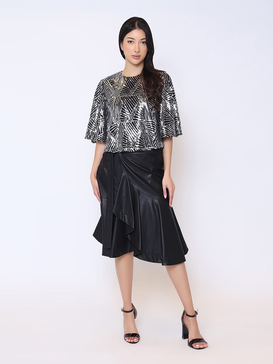 Sequin Bell Sleeve Top TOP Gracia Fashion BLACK/SILVER S 