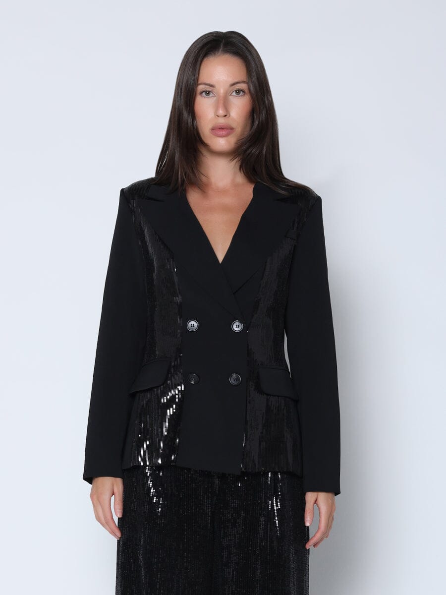 Sequin Embellished Double Breasted Blazer JACKET Gracia Fashion BLACK S 