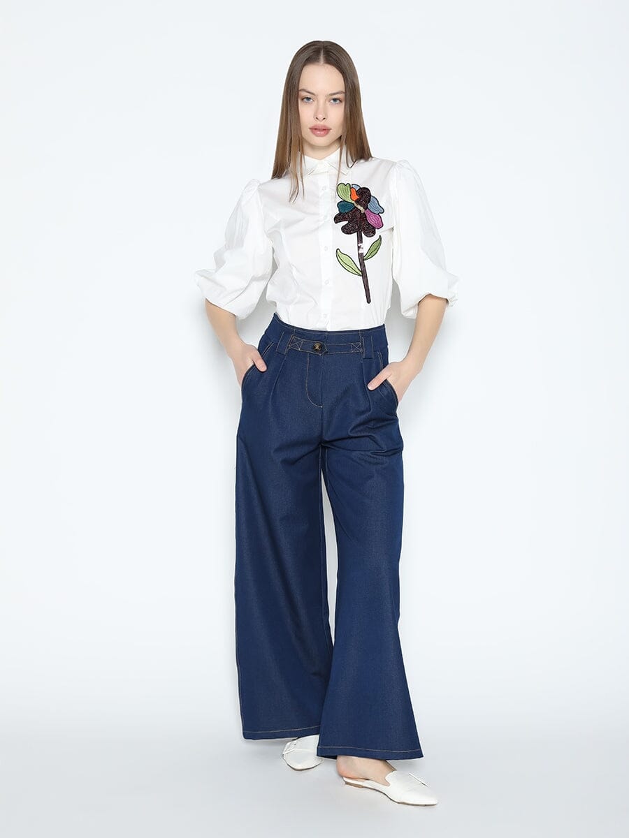 Sequin Embroidery Flower Detail Puff Sleeve Shirt TOP Gracia Fashion 