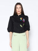 Sequin Embroidery Flower Detail Puff Sleeve Shirt TOP Gracia Fashion BLACK S 