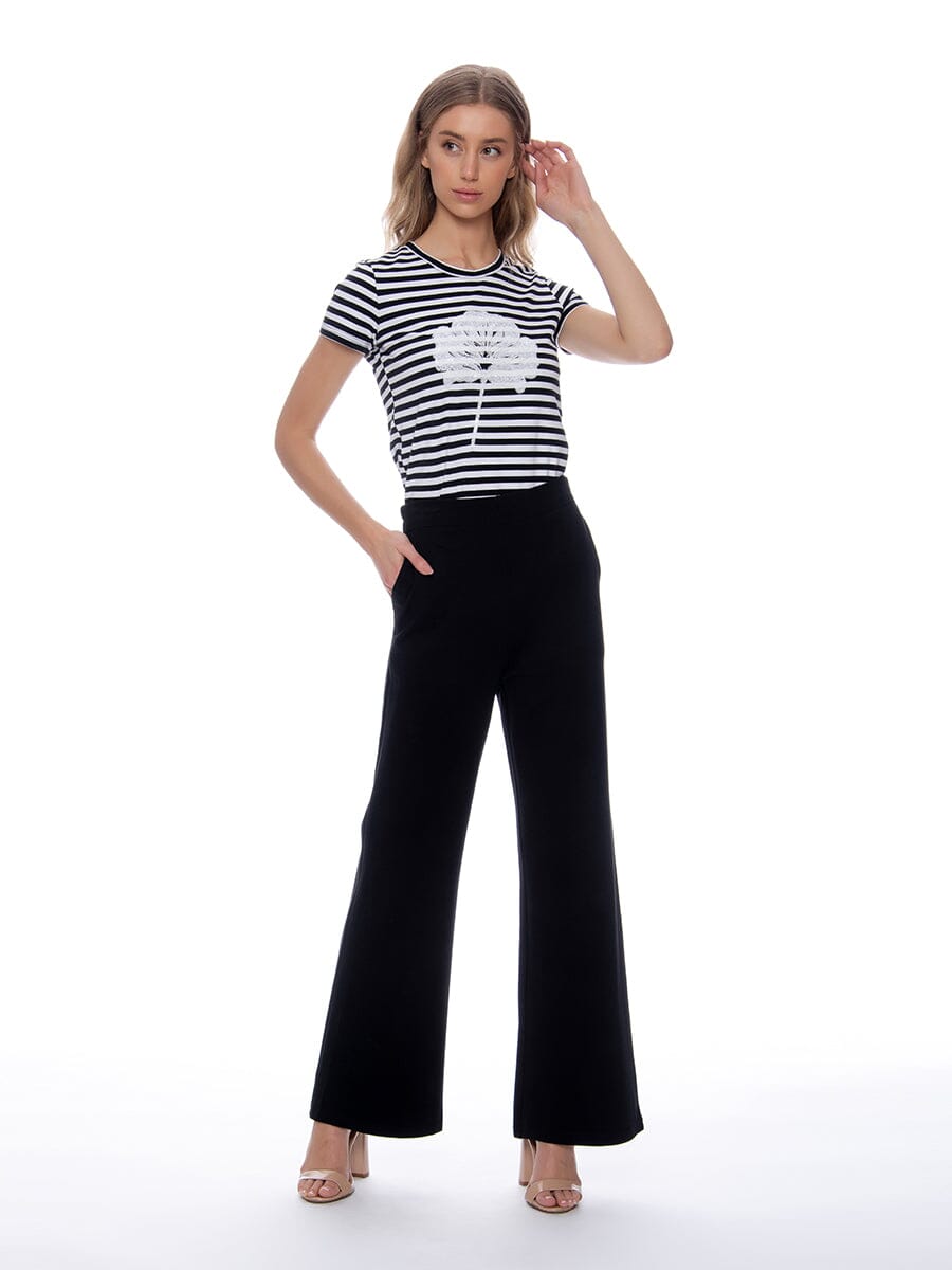 Sequin Flower Applique Striped T-Shirt TOP Gracia Fashion BLACK/WHITE S 