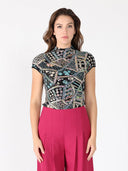 Sequin Stitched Front Cap Sleeve Mock Neck Top TOP Gracia Fashion BLACK S 