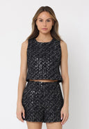 Sequin Work Tweed Crew Neck Sleeveless Top TOP Gracia Fashion BLACK S 