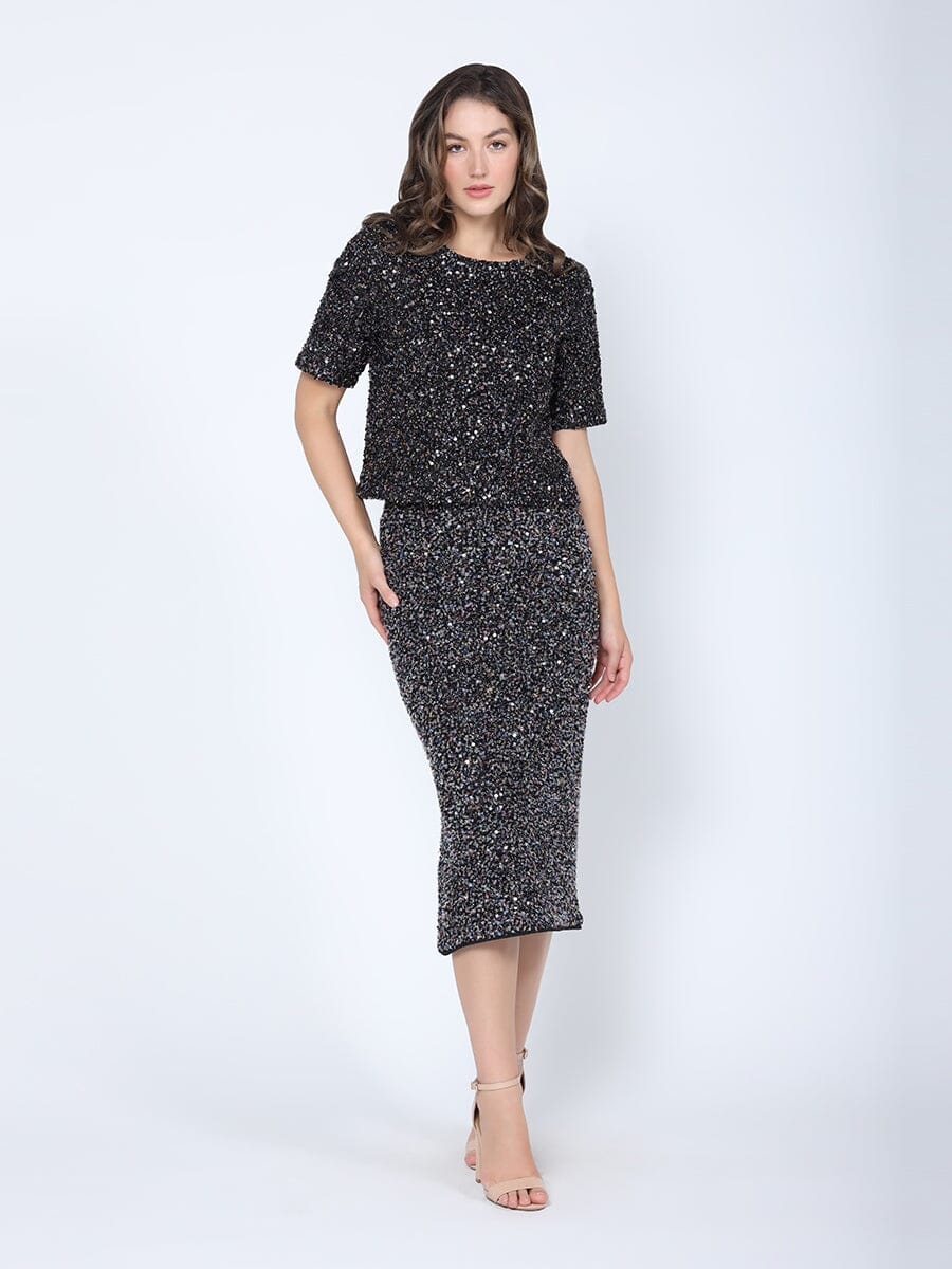 Sequined Cropped Short Sleeve Top TOP Gracia Fashion BLACK S 