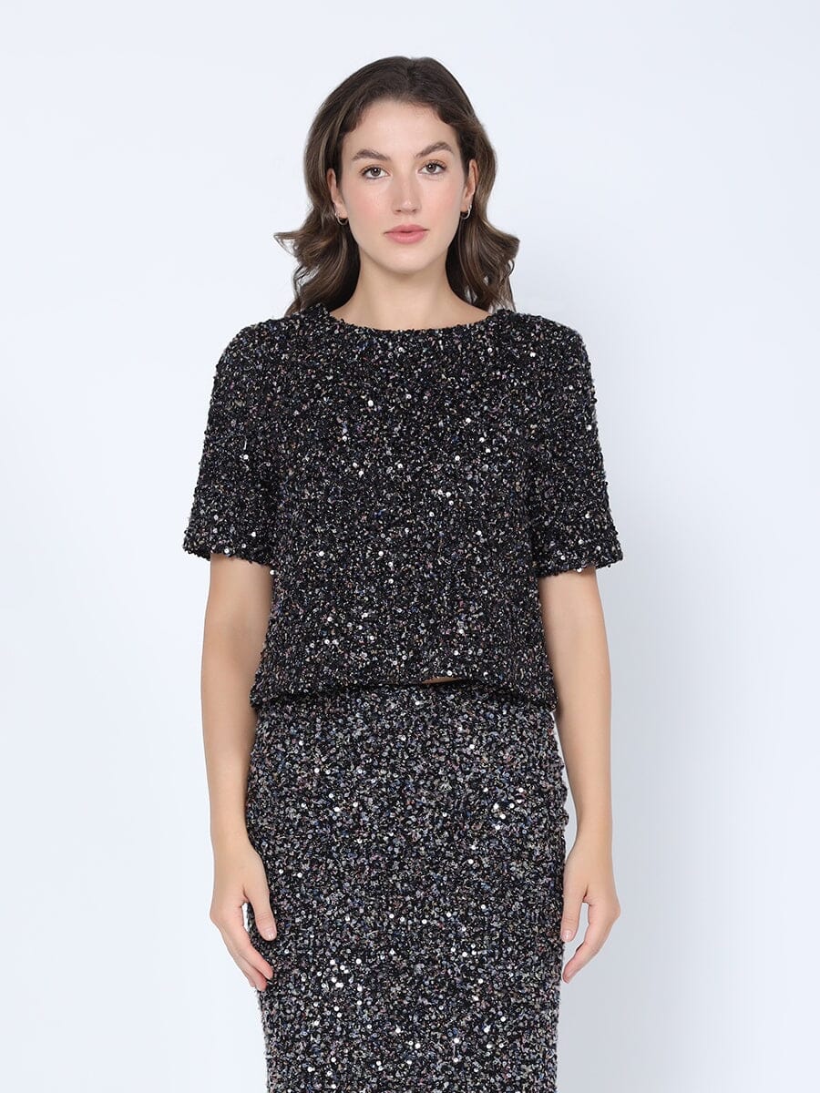 Sequined Cropped Short Sleeve Top TOP Gracia Fashion BLACK S 